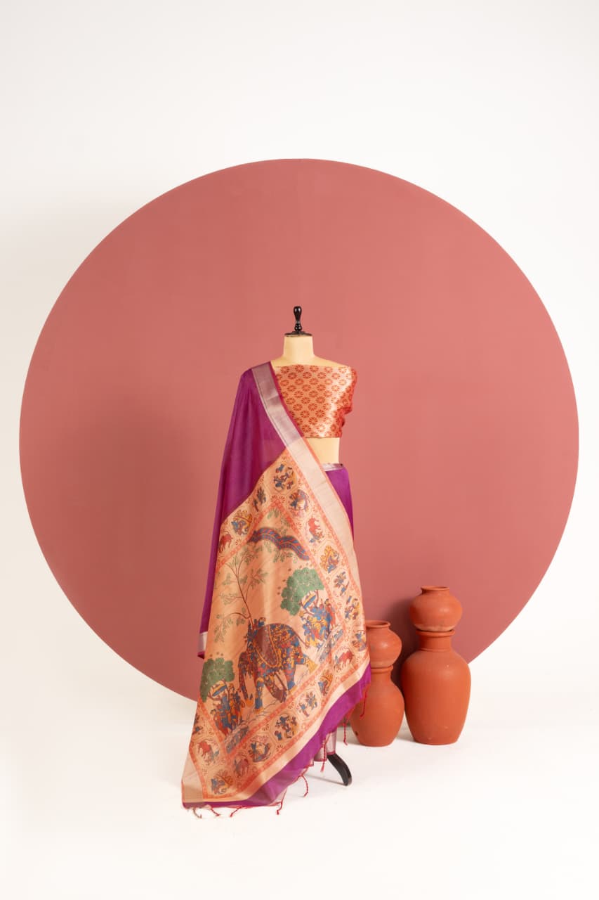 Deep Maroon Soft Khadi Raw Silk Kalamkari Saree
